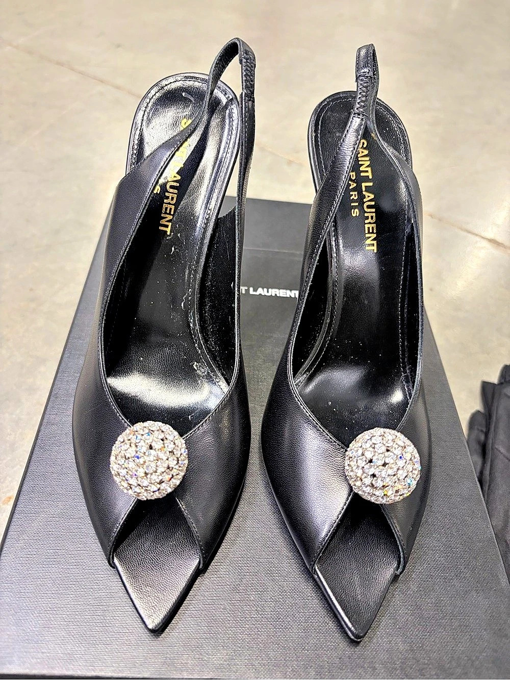 Saint Laurent Crystal Embellished Slingback Heels EU 37 Black